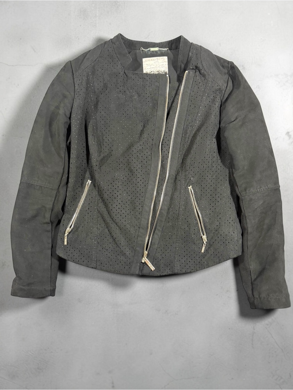Kensie Perforated Faux-Suede Moto Jacket - Gray